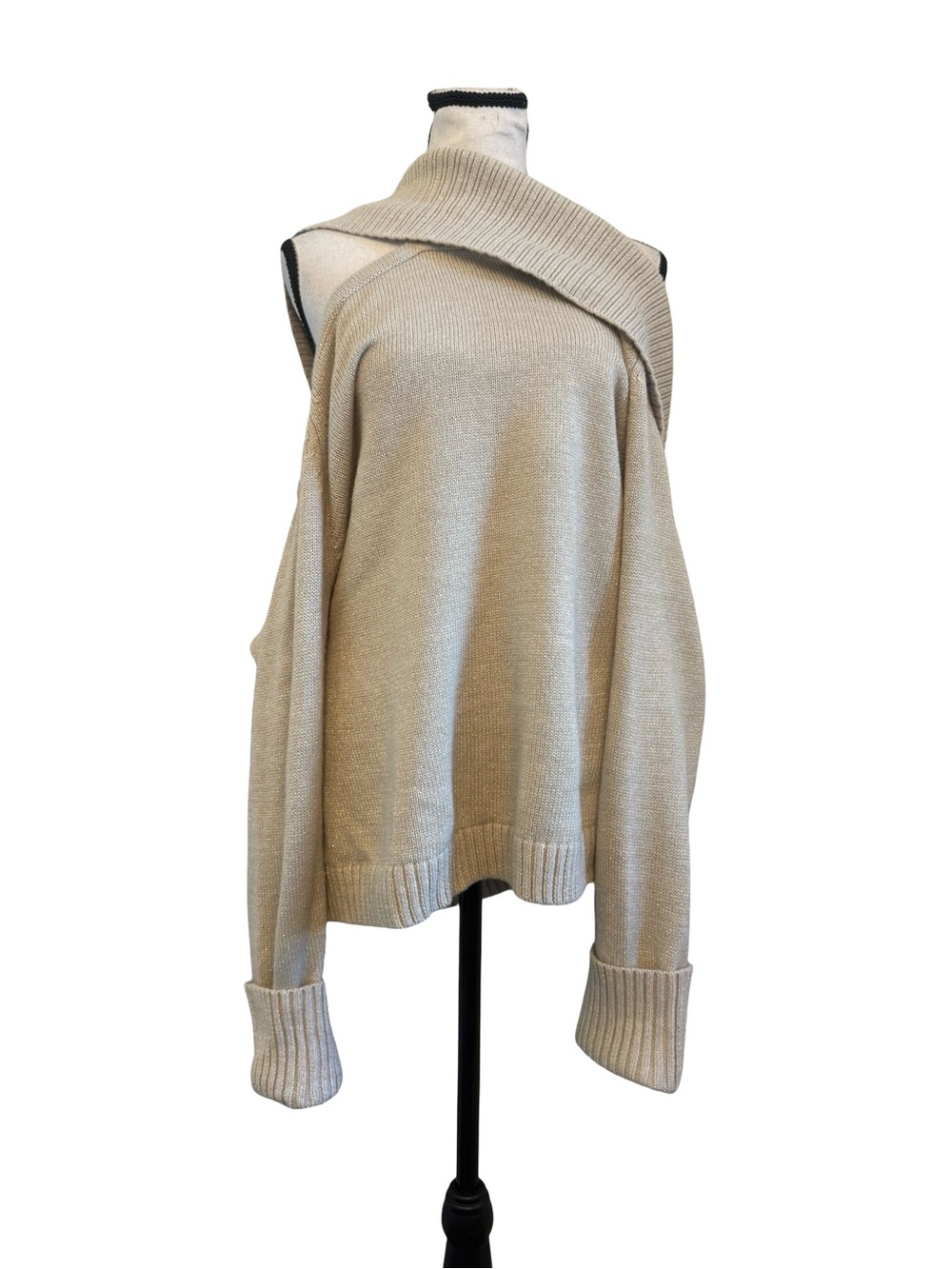 New York & Company XXL Beige Shimmer Off Shoulder Sweater Asymmetrical Foldover